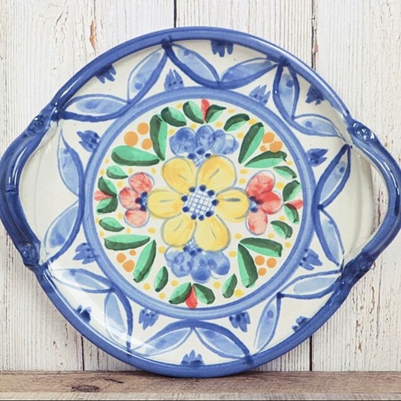 Other - Vintage Mexican Pottery Platter Serving Plate Tray Handles Blue Floral Flower